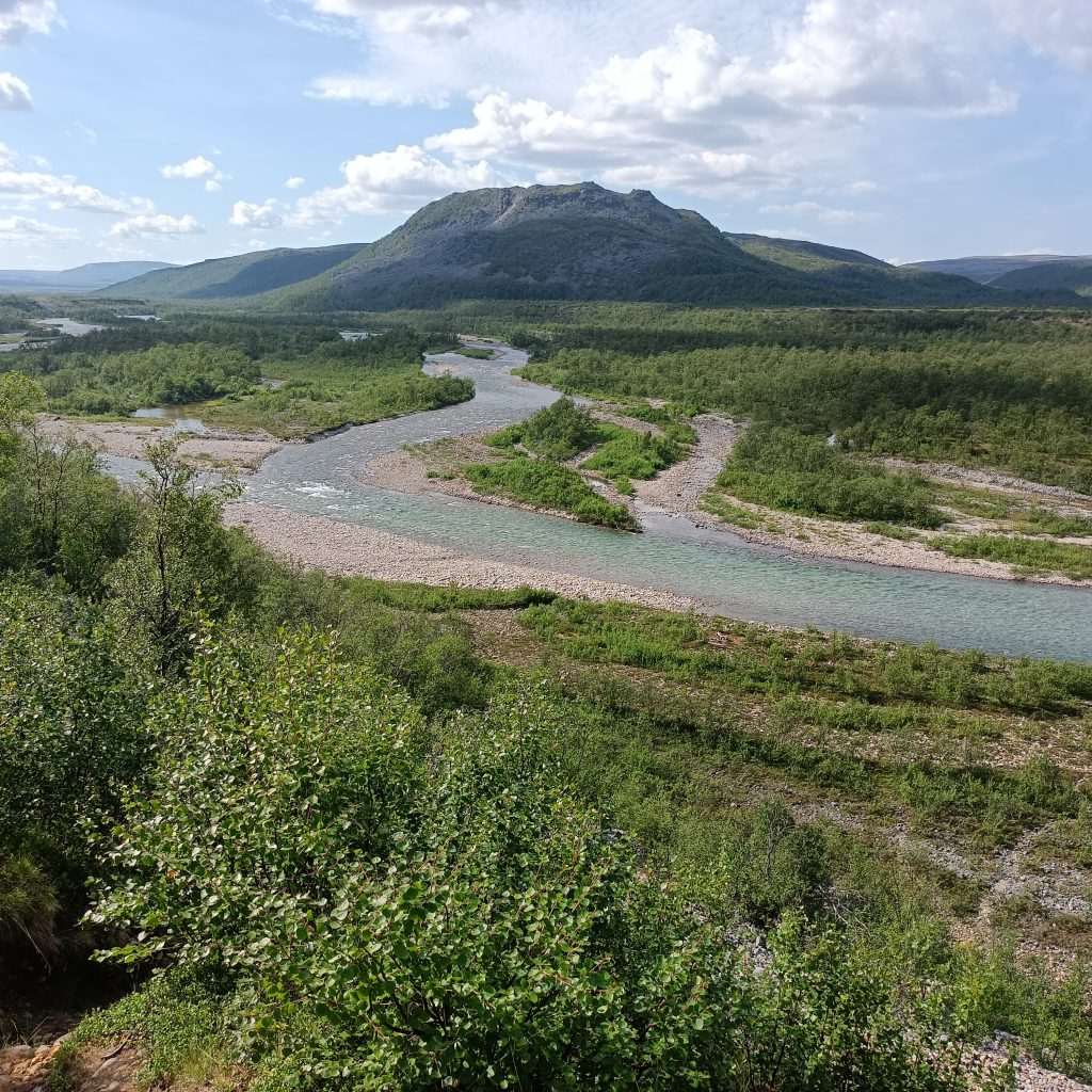 Fluss eingebettet im Kieslauf mit bewaldeten Hügeln