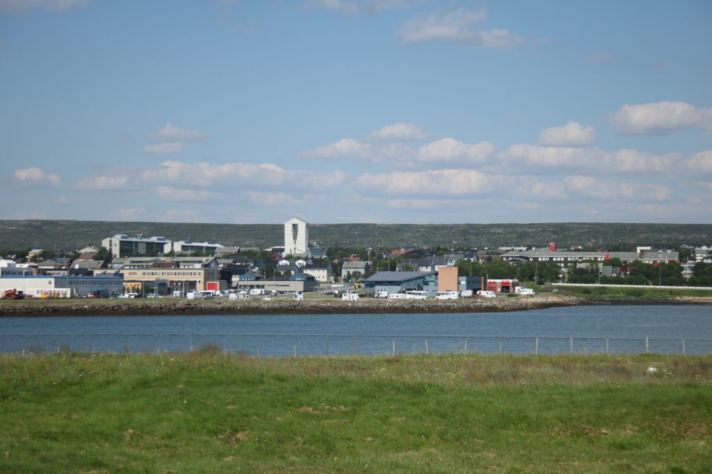 Wiese im Vordergrund und Stadtbild im Hintergrund. Dazwischen das Meer