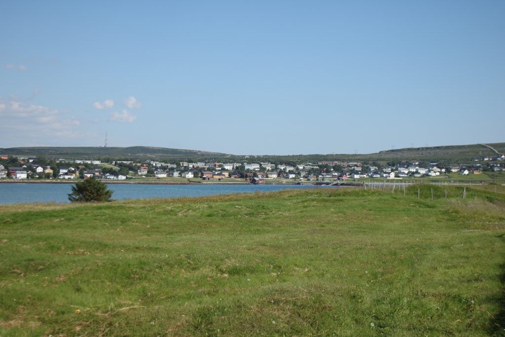 Wiese im Vordergrund und Stadtbild im Hintergrund. Dazwischen das Meer