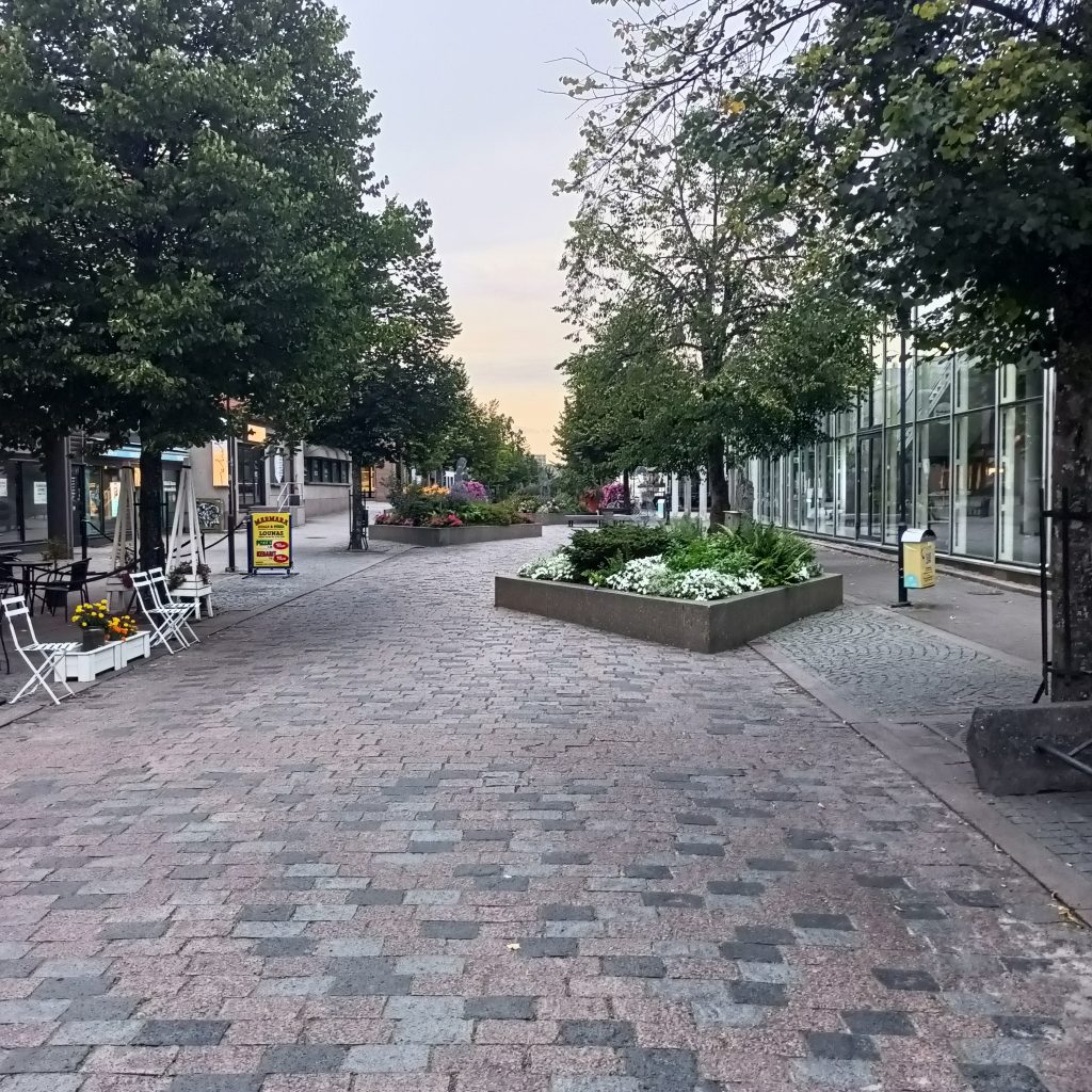 Kopfsteinplaster mit Bäumen links und rechts