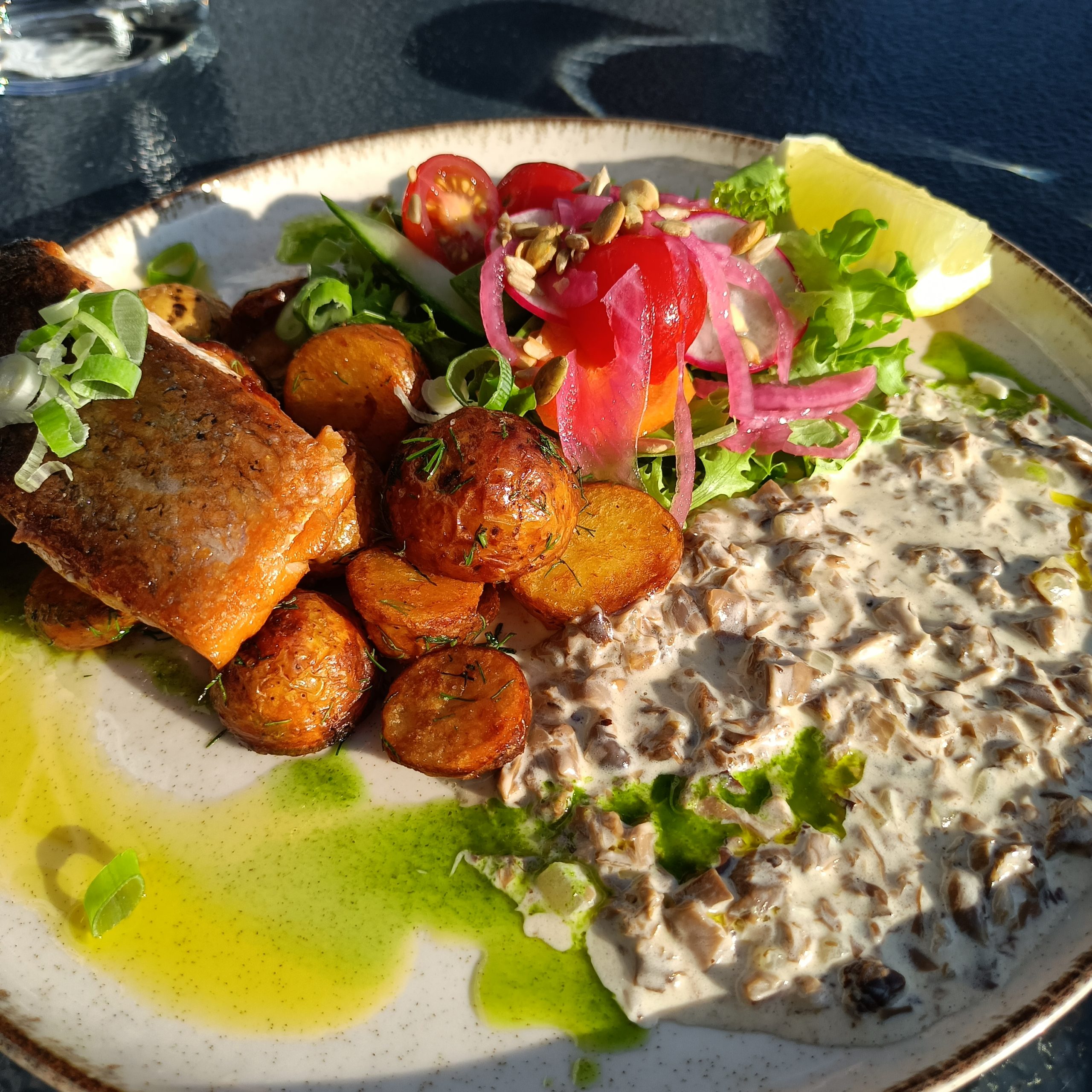 Lachs mit Kartoffeln und Salat