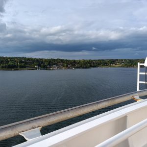Reeling in Vordergrund und Wasser mit Ufer von der Fähre von Turku