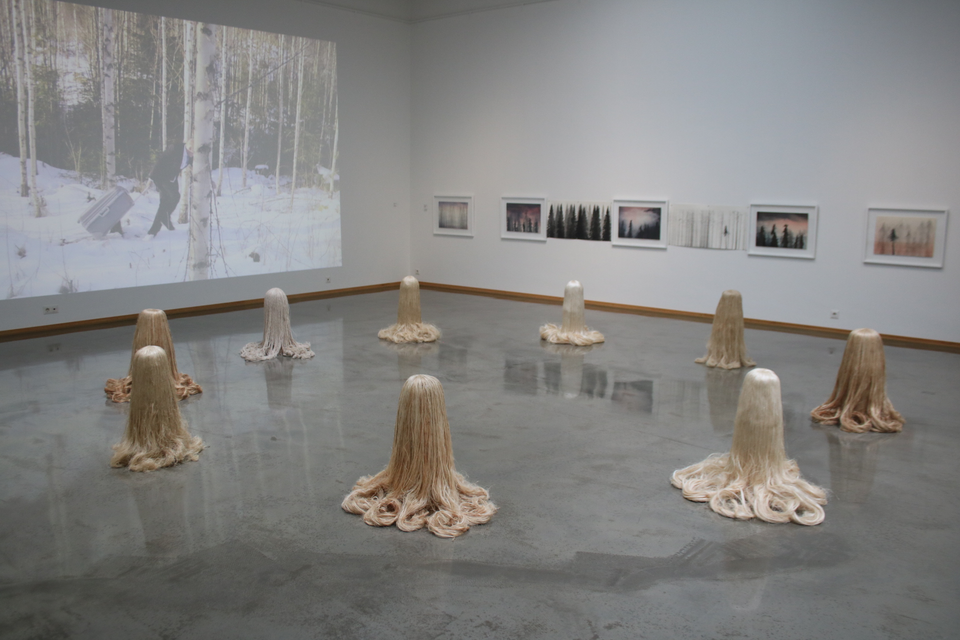 Perücken aud Holz und Bilder im Hintergrund - Aine Art Museo